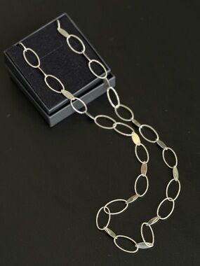 Sterling Silver Long Link Necklace | 24” Textured Oval Chain